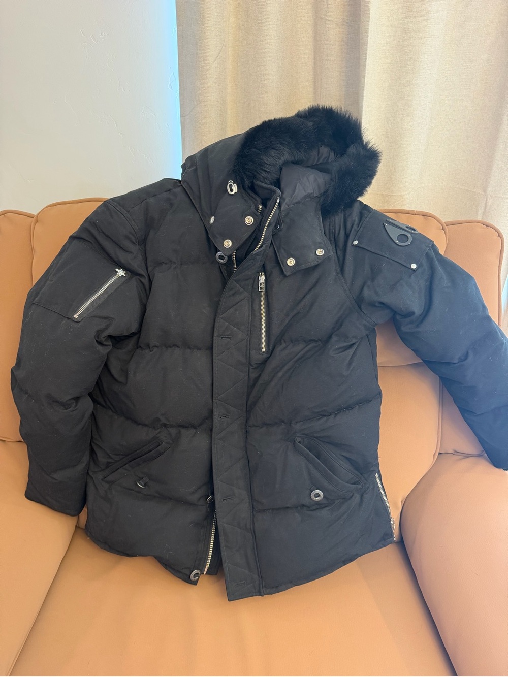 Moose Knuckles Black Quilted Down Puffer Jacket with Fur-Trim Hood